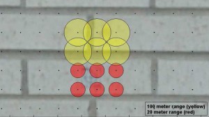 Yellow shows the diameter of the Optech's beam at 100 meter range. The red shows the same beam at a 20 meter range